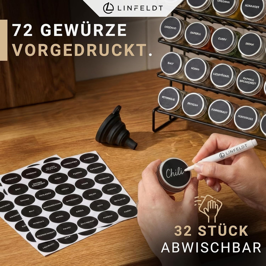 LINFELDT® Gewürzregal 28 Gläser - 144 Sticker + Stift + Schrauben zum Hängen - Gewürzregal Stehend -