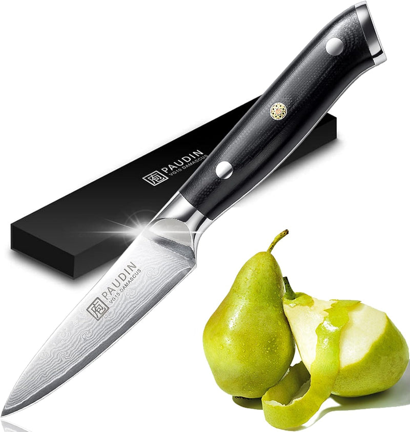 PAUDIN Damast Schälmesser 9cm - Obst und Gemüsemesser Japanisches VG10 Küchenmesser mit ergonomische