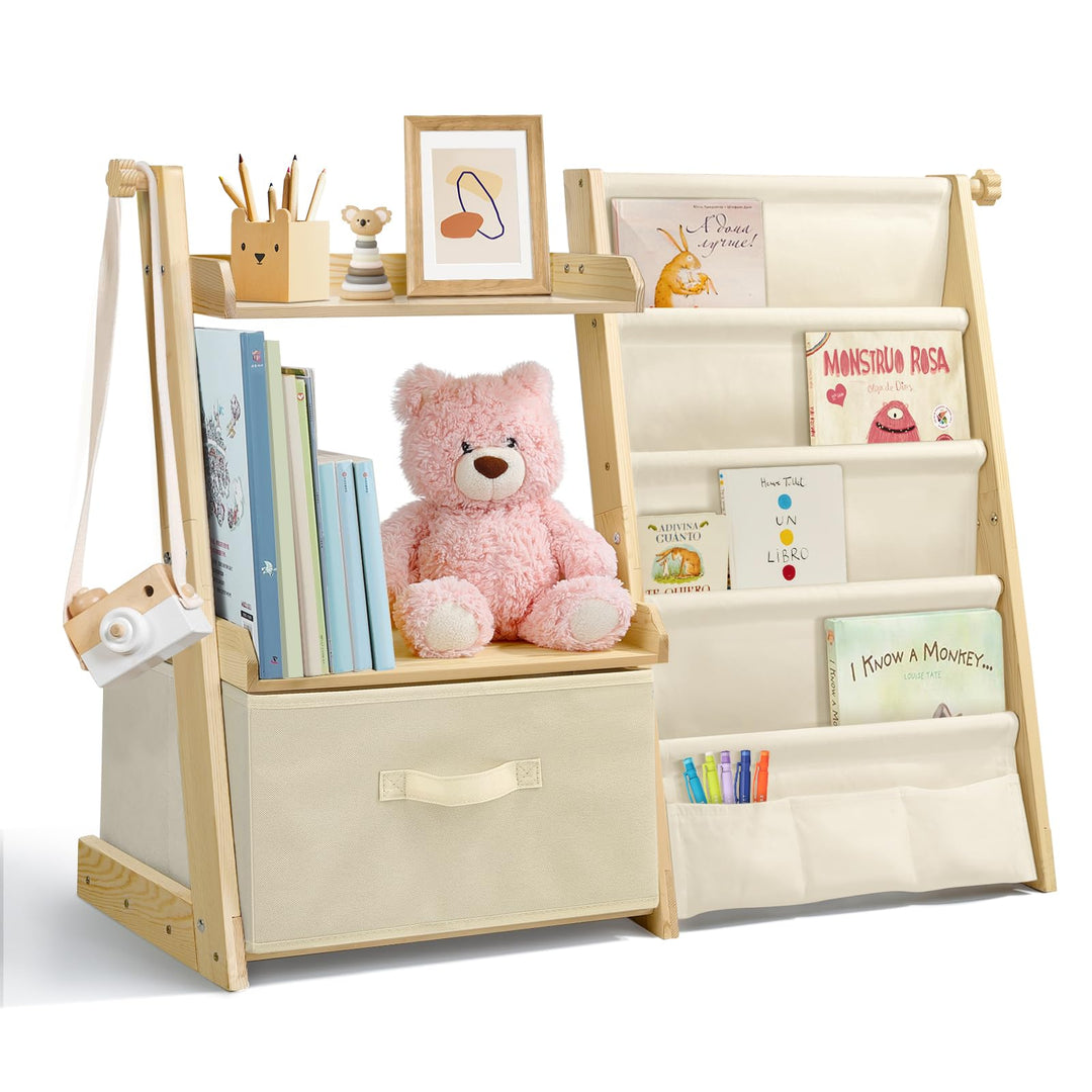 Bücherregal Kinder Kinderzimmer Spielzeug Aufbewahrung mit 4 Regalebenen & Aufbewahrungsbox, Kinderr