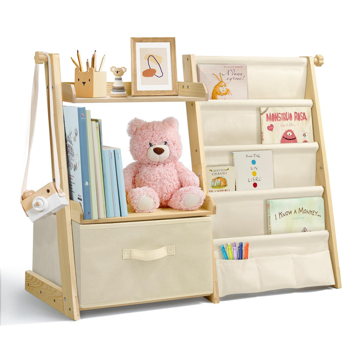Bücherregal Kinder Kinderzimmer Spielzeug Aufbewahrung mit 4 Regalebenen & Aufbewahrungsbox, Kinderr