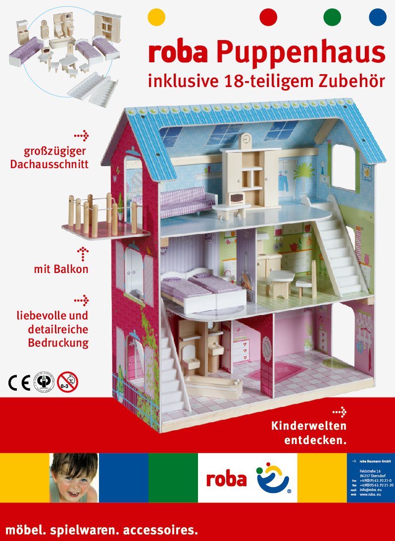 roba Puppenhaus, Puppenvilla inkl. 16 Puppenmöbel, Mädchen-Spielzeug liebevoll bedruckt Pastell, Pas