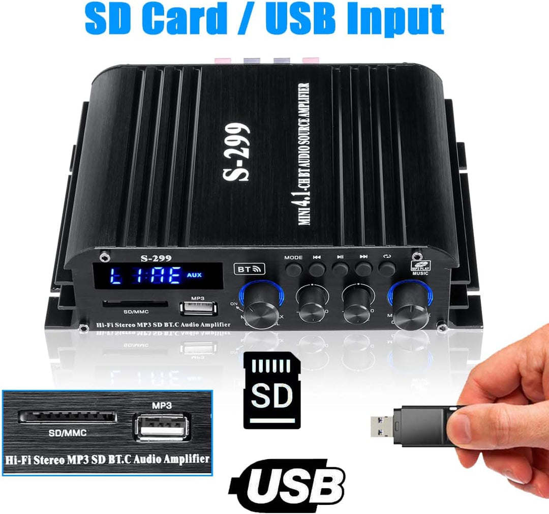 Etlephe 4.1 Kanal 1600W Mini Verstärker,Bluetooth 5.0 Verstärker 50Wx4 + aktiver Subwoofer, Hi-Fi In