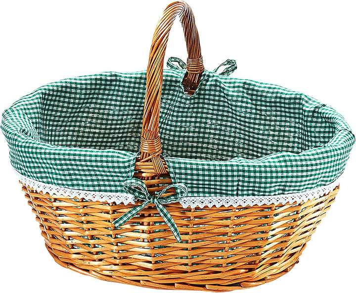 Kobolo Einkaufskorb geflochten Weide -mit Textil ausgeschlagen- grün weiss kariert - 45x34x20 cm