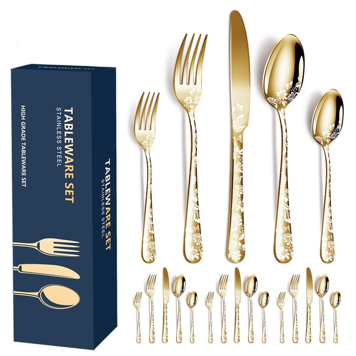Aoresac Besteck-Set für 4 Personen, 20 Stück, aus Edelstahl, poliertes Muster, mit Blumenspiegel, in
