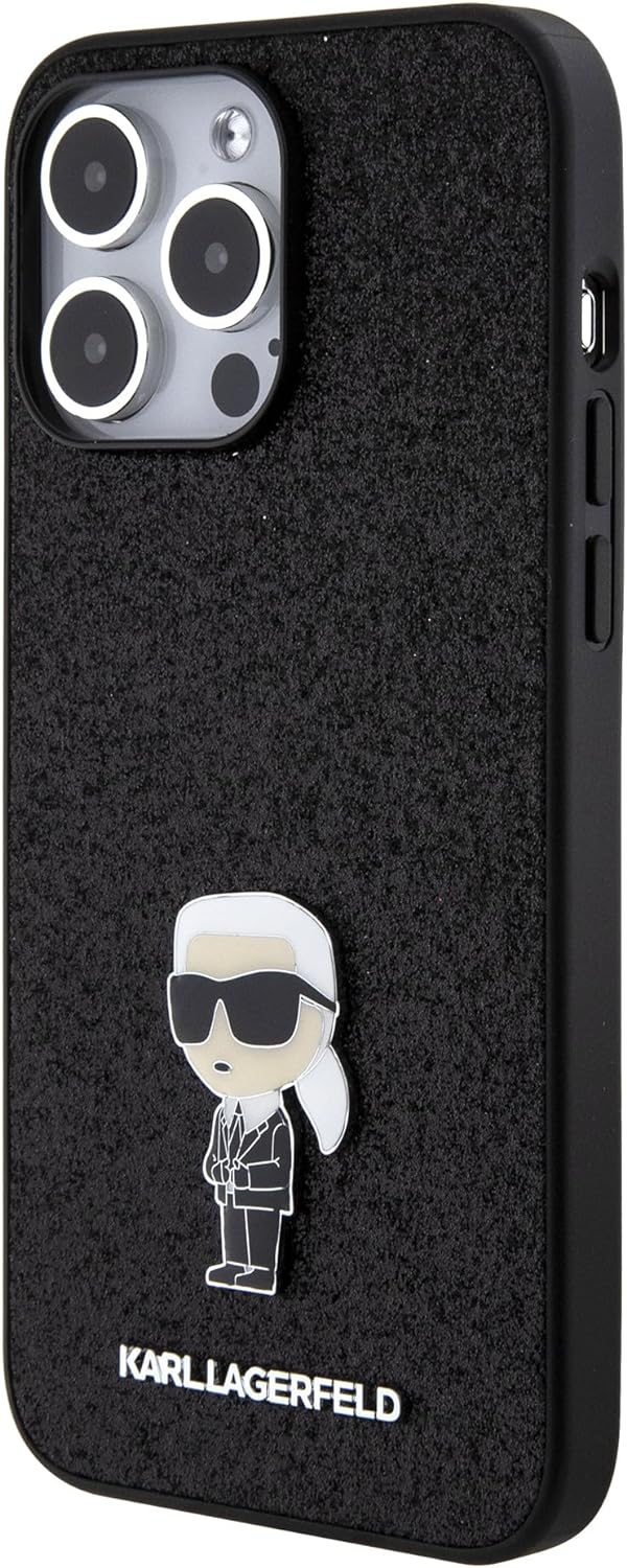 CG Mobile Karl Lagerfeld Fixed Glitter Case with Ikonik Logo Metal Pin for iPhone 15 Pro -Bla Schwar