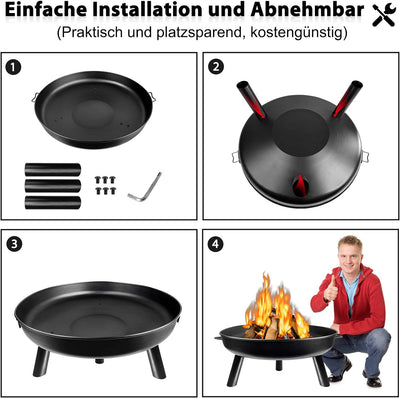 UISEBRT Feuerschale 80cm - Feuerstelle mit Griffen and 3 Füssen für Draussen Terrasse Garten Balkon