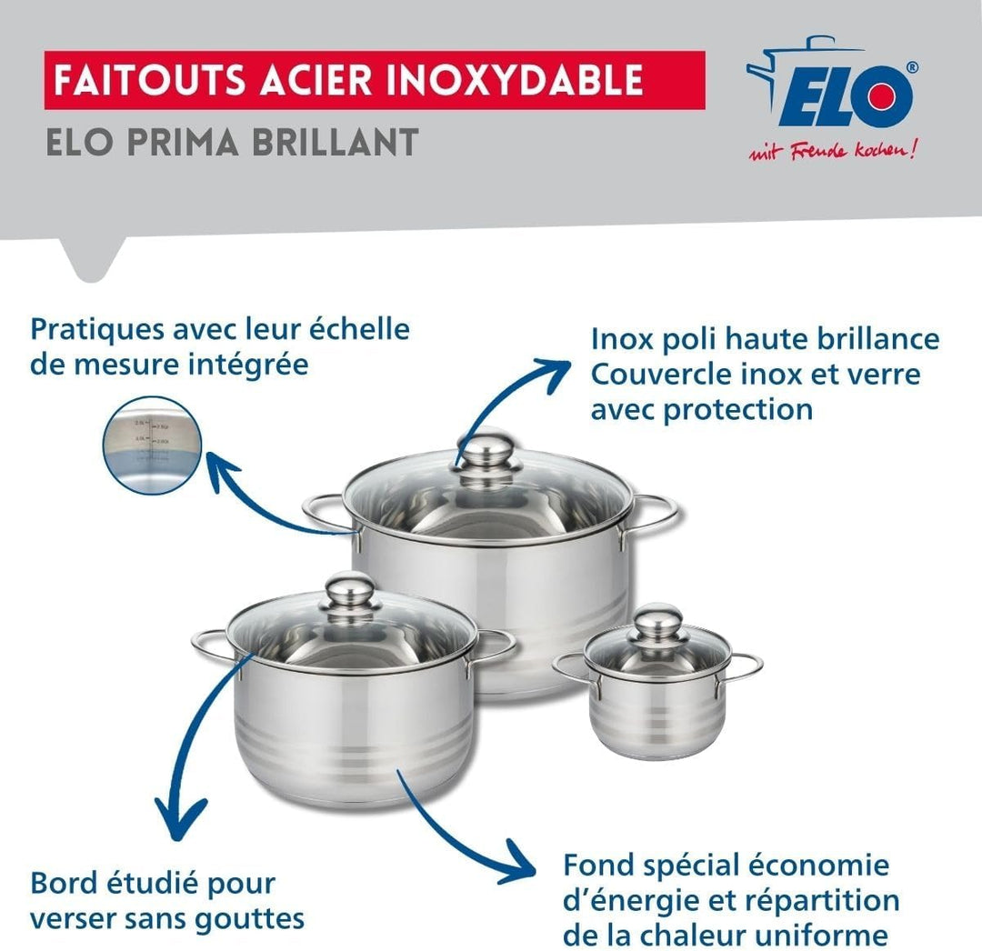 ELO 9867950 Kochgeschirr-Set, 4-teilig, 1 Bratpfanne 24 cm und 3 Kochtöpfe 12, 20 und 24 cm Elo Prof