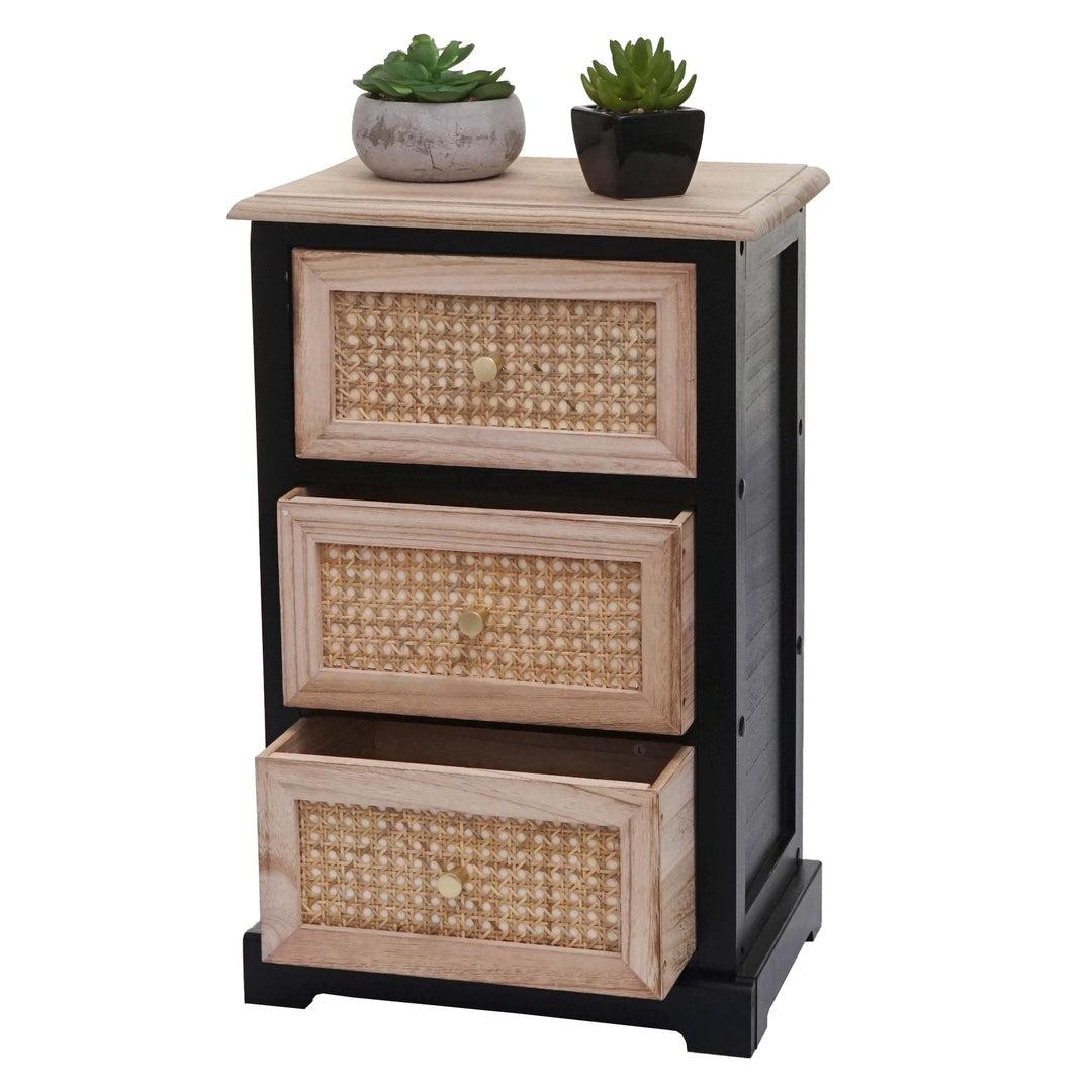 Mendler Kommode HWC-K87, Schubladenschrank Schrank, Holz Rattan 63x40x28cm - schwarz, naturfarben, S