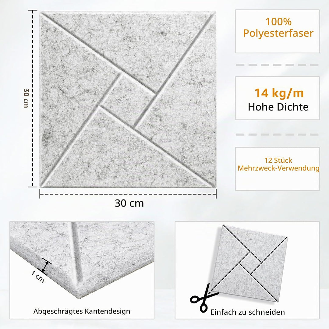 JAMELO Quadratische Akustikplatten Akustikpaneele selbstklebend 12 Stücke, Schallschutzplatten aus H