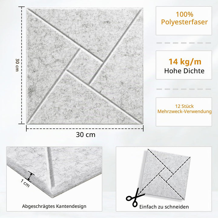 JAMELO Quadratische Akustikplatten Akustikpaneele selbstklebend 12 Stücke, Schallschutzplatten aus H