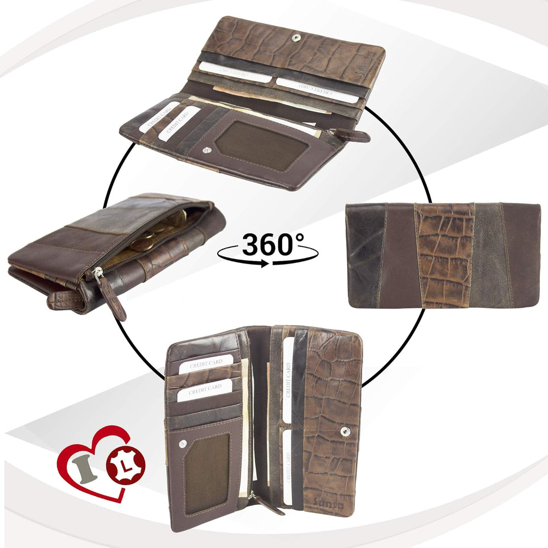 Sunsa Geldbörse. Leder Geldbeutel. Grosser Portemonnaie mit RFID Schutz. Damen Brieftasche mit viele