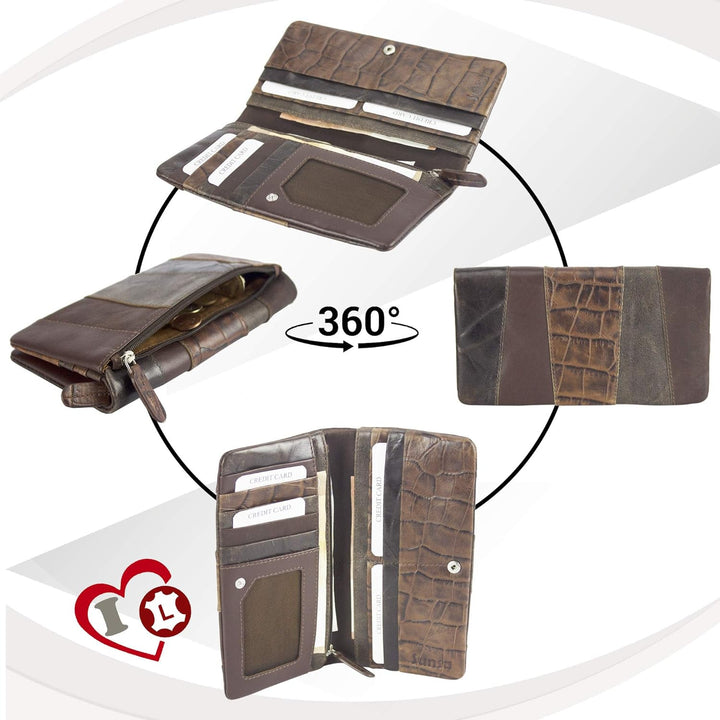 Sunsa Geldbörse. Leder Geldbeutel. Grosser Portemonnaie mit RFID Schutz. Damen Brieftasche mit viele