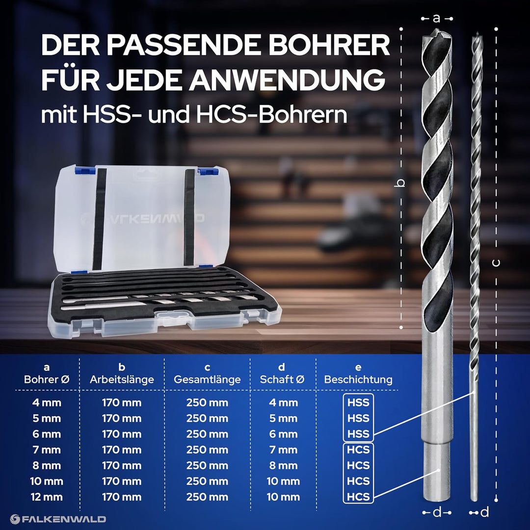 Falkenwald Holzbohrer Set lang 7tlg. + Koffer - Holzbohrer lang für präzise Bohrungen in Weich- und