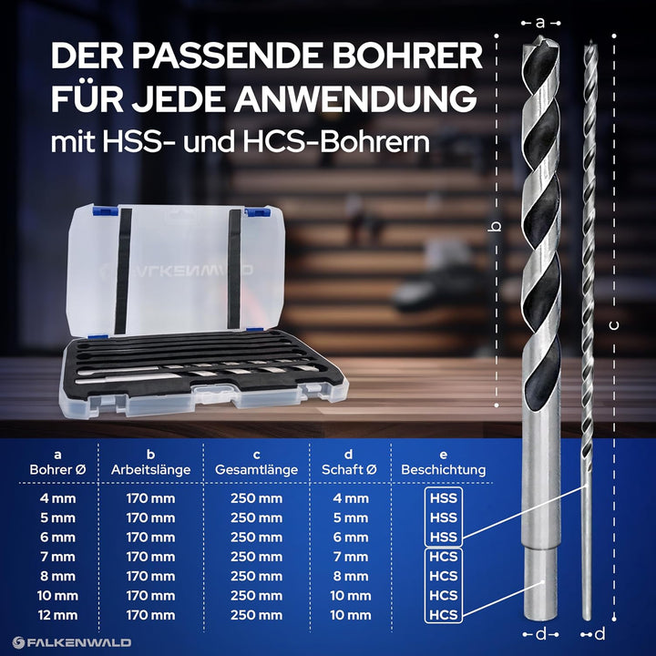 Falkenwald Holzbohrer Set lang 7tlg. + Koffer - Holzbohrer lang für präzise Bohrungen in Weich- und