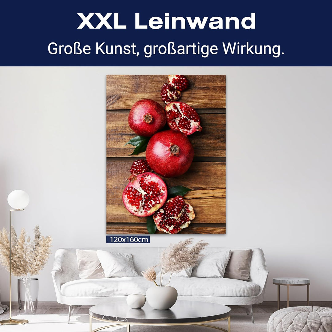 wandmotiv24 Obst & Gemüse als Leinwandbild, 60x45cm, Hochformat, Granatapfel, Holztisch, Küche, Lebe