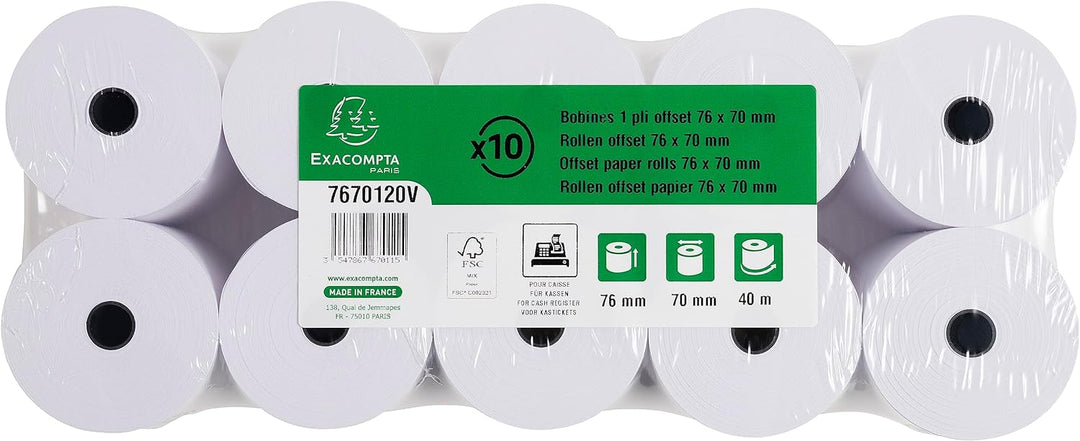 Exacompta 7670120V 50er Pack Kassenrollen, 1-lagig Offset(holzfrei) standard, Breite: 76mm, Länge 40