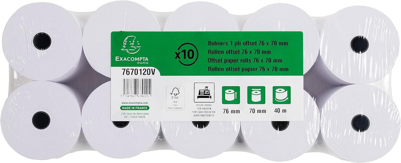 Exacompta 7670120V 50er Pack Kassenrollen, 1-lagig Offset(holzfrei) standard, Breite: 76mm, Länge 40