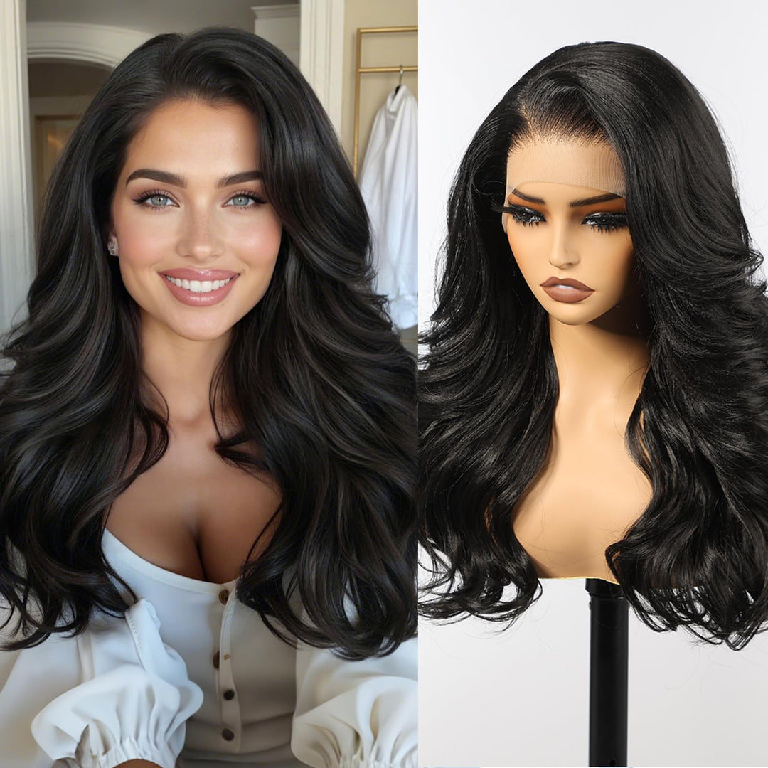 HAIRCUBE 13x6 HD Synthetische Lace-Front-Perücke, 24 Zoll lange schwarze, lockige, geschichtete Perü