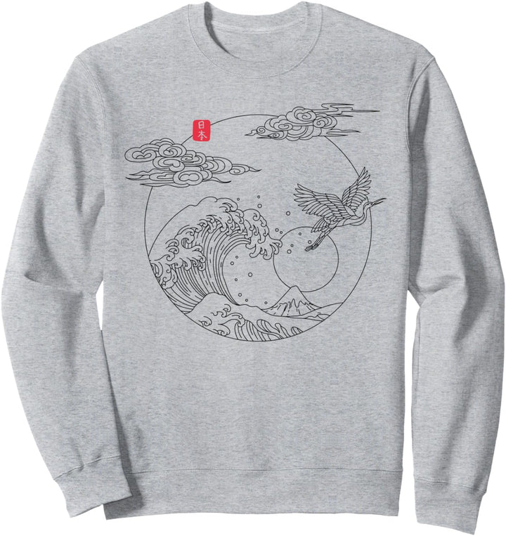 Japanische Vintage-Linien-Kranich Die grosse Welle vor Kanagawa Sweatshirt