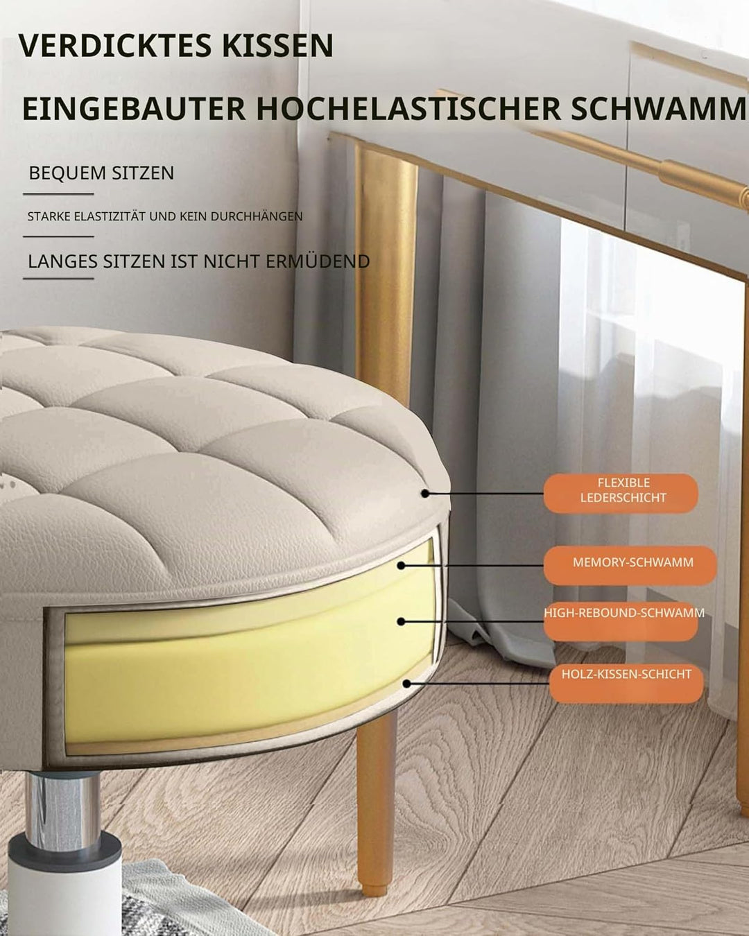 Kleiner Stuhl, runder Drehhocker mit Rollen, Sitzhöhe 35–45 cm, 360° drehbar, PU-Leder, höhenverstel