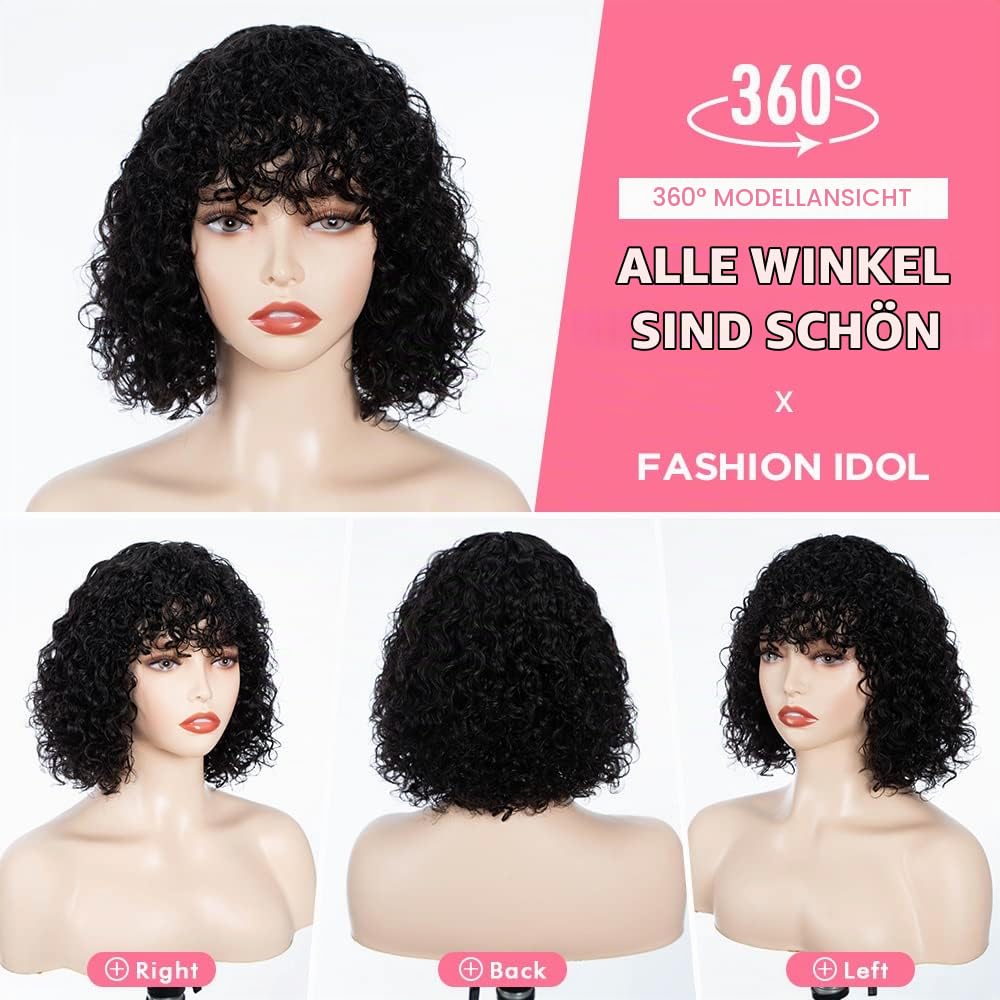 FASHION IDOL Bob Curly Echthaar-Perücken mit Pony Jerry Curl Bob Perücken Echthaar brasilianische Vi