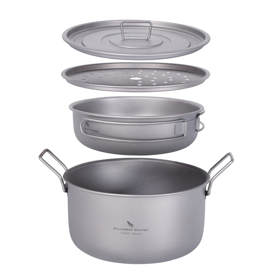 iBasingo 1.9L Titan Topf & 900ml Pfannen mit Deckel Camping Kochgeschirr Dampfgarer Leichtes Tragbar