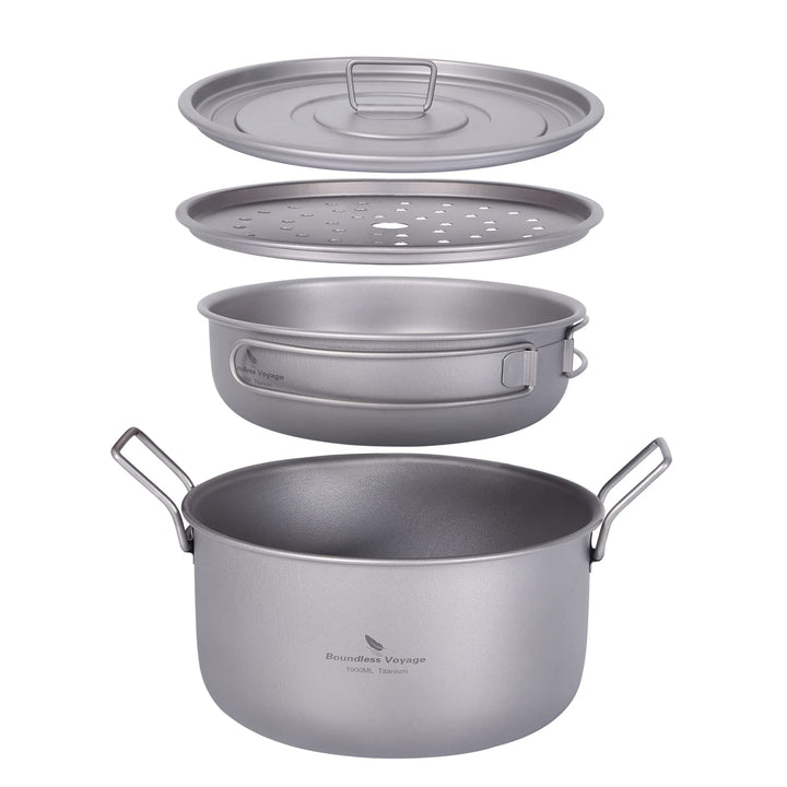 iBasingo 1.9L Titan Topf & 900ml Pfannen mit Deckel Camping Kochgeschirr Dampfgarer Leichtes Tragbar