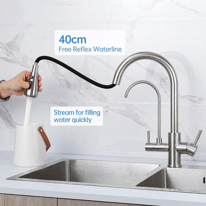 3 Wege Wasserhahn Edelstahl, 360° Drehbar Trinkwasserhahn mit Ausziehbarer Handbrause, 3 in 1 Küchen