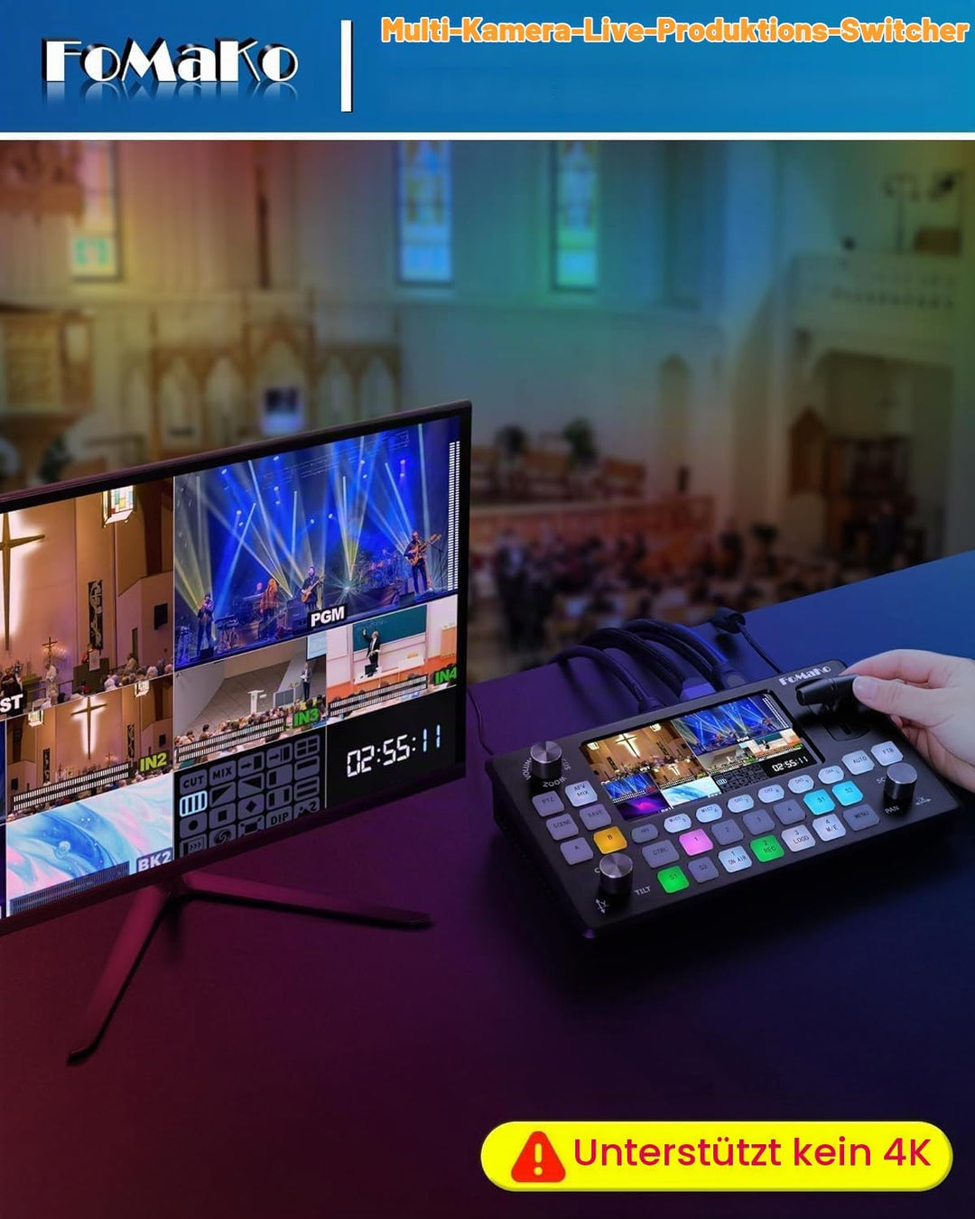 FoMaKo Video Switcher HDMI 4-Kanal für Multikameras, Video Mixer mit 5.5-Zoll LCD Bildschim, 1080P 6