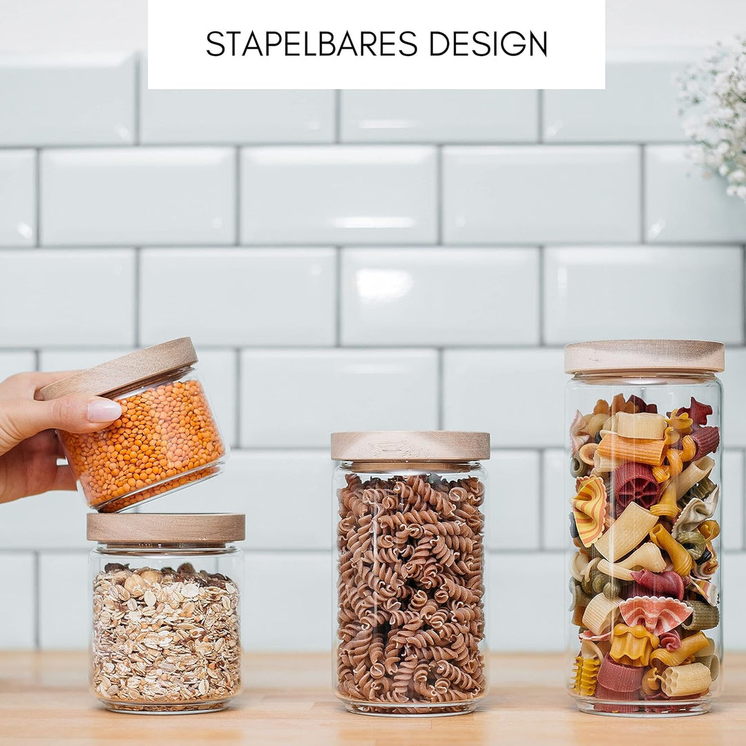 Econovo® Vorratsgläser mit Holzdeckel 500ml (4-teilig) aus Borosilikatglas, stapelbar und luftdicht,