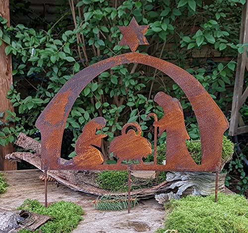 Krippe ca. 40 cm breit aus Metall in Edelrost zum Stecken Rost Weihnachten Deko Advent Maria und Jos
