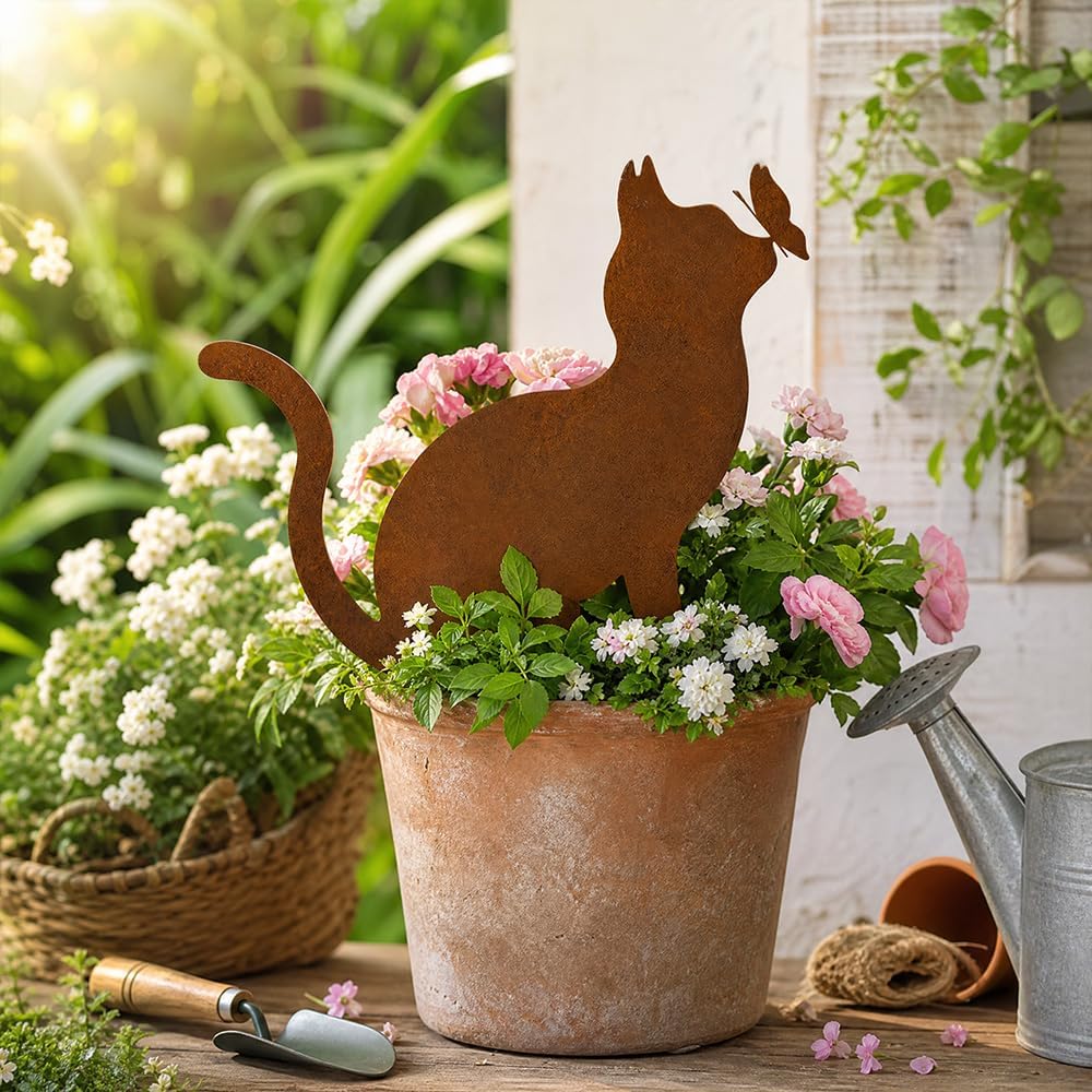 Gartenstecker Rost Katze mit Schmetterling, Gartenstecker Metall, Gartendeko Rost für Draussen, Edel