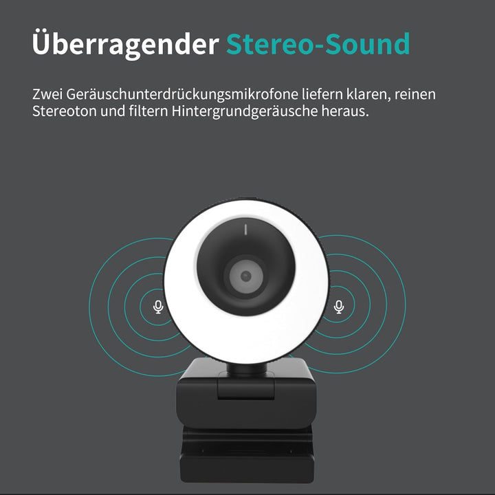 1080P Webcam mit Mikrofon, 60 FPS, Ringlicht mit 3 Lichtmodi, Autofokus, 89° Weitwinkel, Full-HD, Vi
