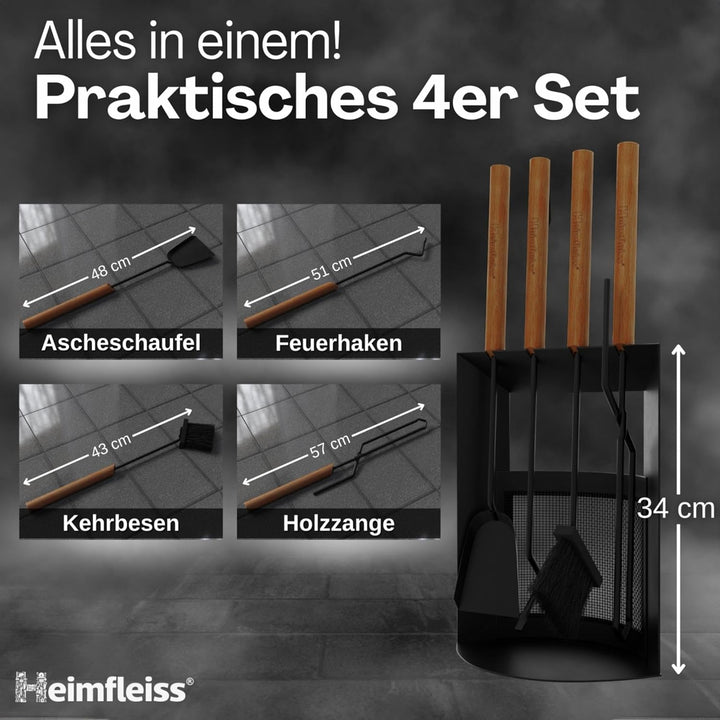 Heimfleiss® Kaminbesteck Schwarz Modern | Premium Ofenbesteck Kaminbesteck Set | Kaminzubehör mit Ho