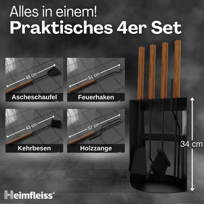 Heimfleiss® Kaminbesteck Schwarz Modern | Premium Ofenbesteck Kaminbesteck Set | Kaminzubehör mit Ho