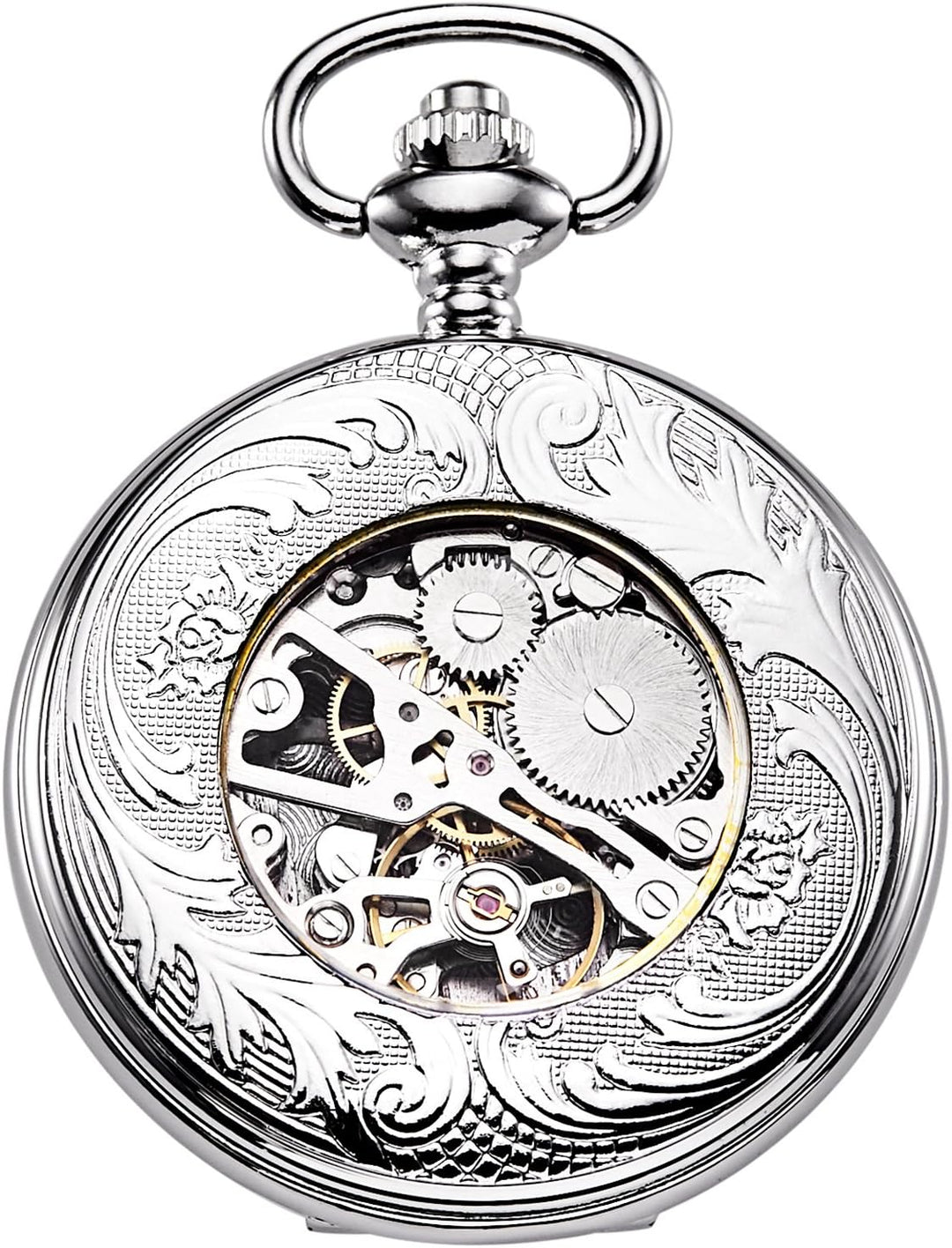 TREEWETO Unisex Taschenuhr mit Kette Analog Handaufzug Skelett Römische Ziffern Silber