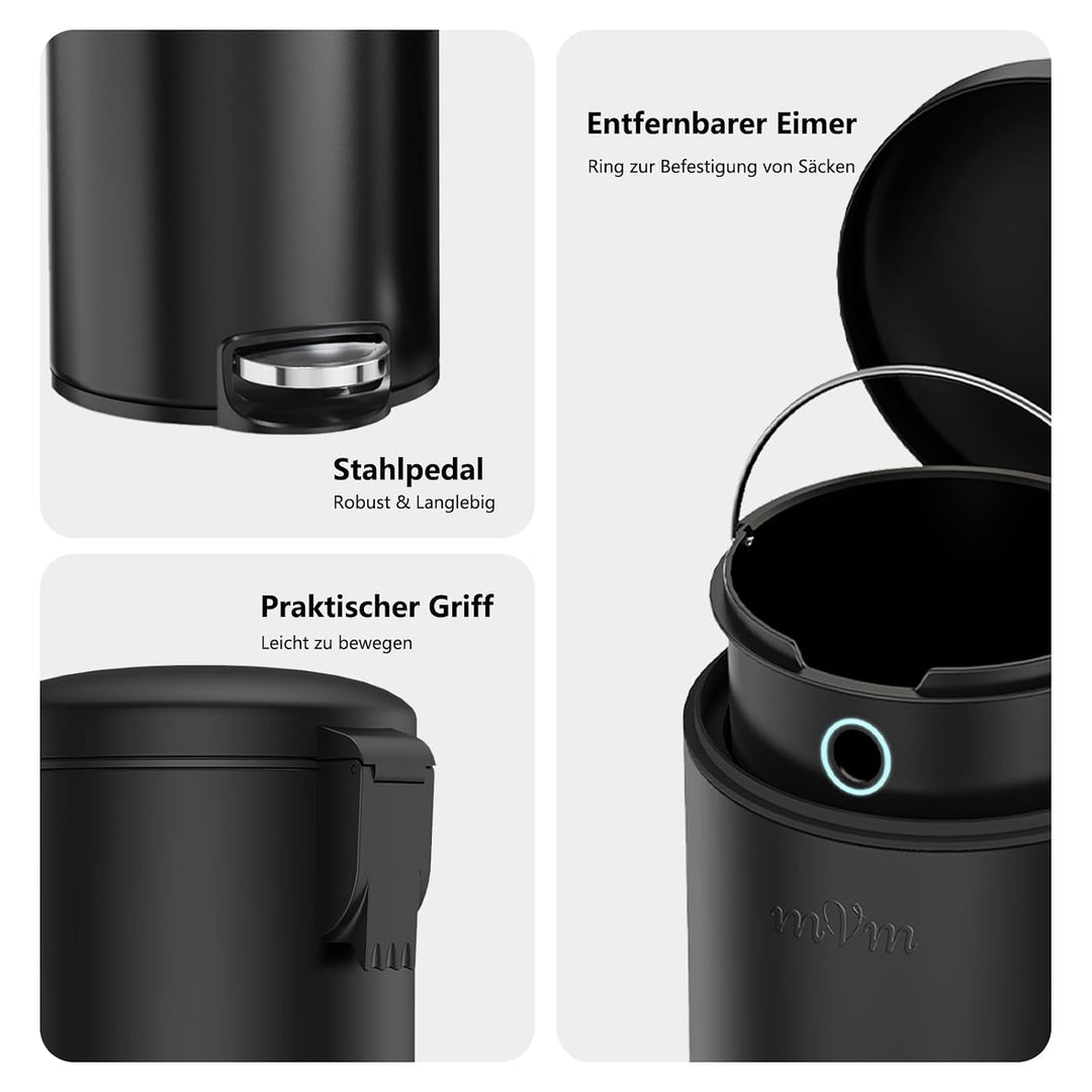mVm Mülleimer Bad 3L, Mülleimer mit Deckel, Schwarz | Soft-Close, Herausnehmbarem Inneneimer, Finger