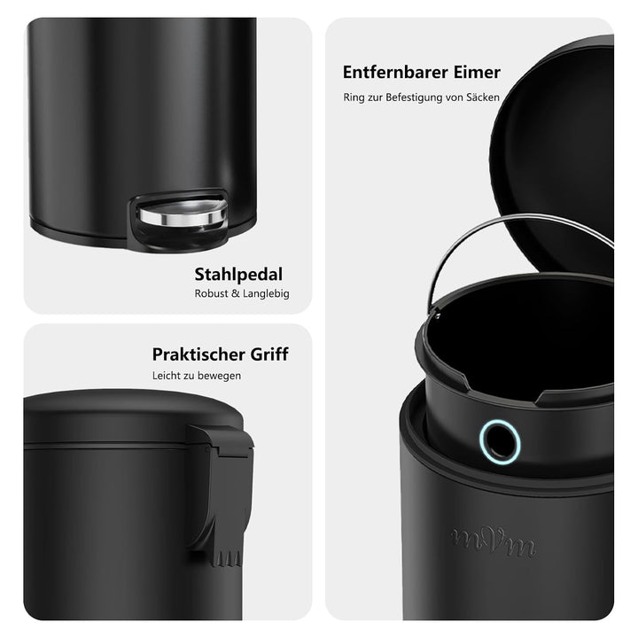 mVm Mülleimer Bad 3L, Mülleimer mit Deckel, Schwarz | Soft-Close, Herausnehmbarem Inneneimer, Finger