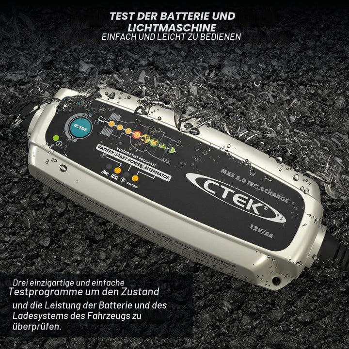 CTEK MXS 5.0 Test &amp; Charge, Batterieladegerät 12V, Batteriepfleger &amp; Indicator Eyelet M6, LED-Anzeig