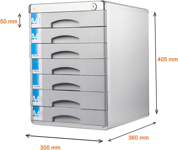 TUKA-i-AKUT Metall Schubladenbox Abschliessbar 7 Fächer A4, mit Beschriftungsfeldern, Dokumenten Auf
