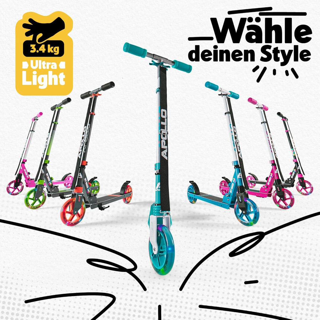 Apollo Skyracer City Roller mit LED Leuchträdern | Roller Kinder 6 Jahre | City Scooter mit Federung