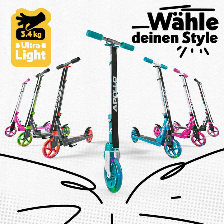 Apollo Skyracer City Roller mit LED Leuchträdern | Roller Kinder 6 Jahre | City Scooter mit Federung