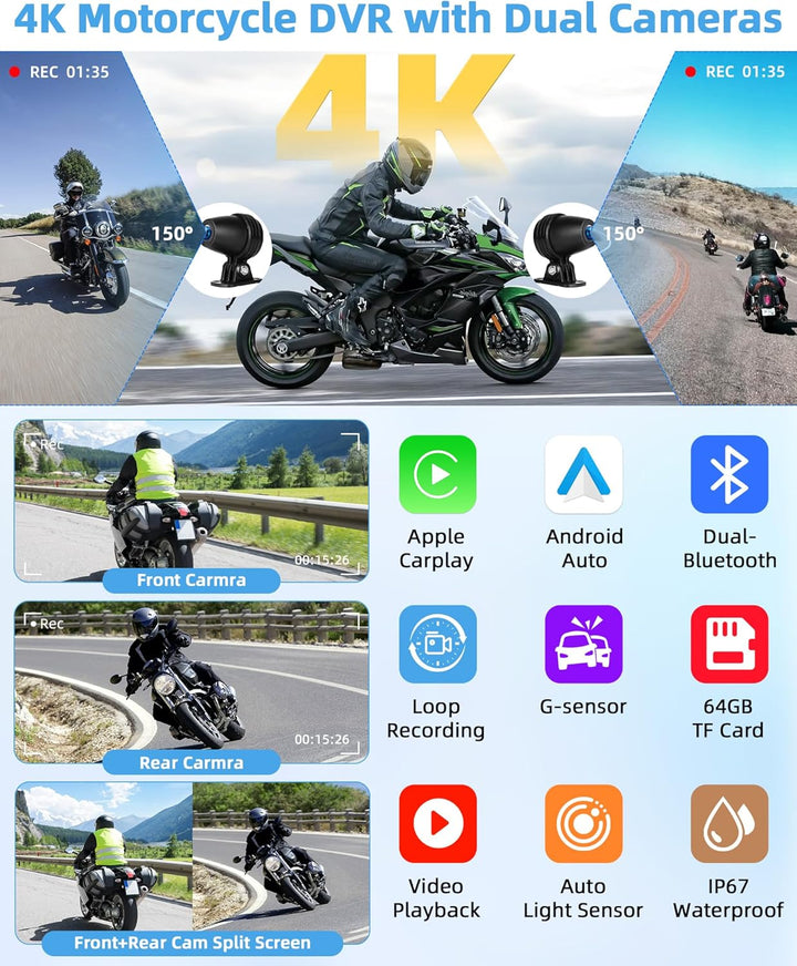 4K Motorrad CarPlay Android Auto mit Dashcam Vorne Hinten, 6,25 Zoll Carplay Bildschirm GPS Dashcam