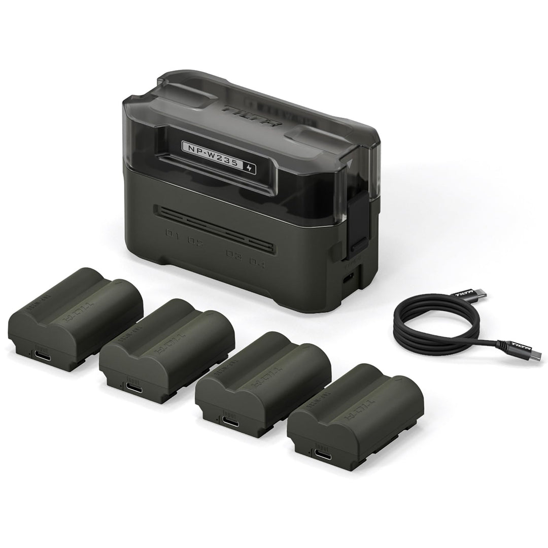 NP-W235 Ersatzakku- und Ladegerät-Set, 4er-Pack 2400-mAh-Akkus und Vierkanal USB-C PD Schnellladeger