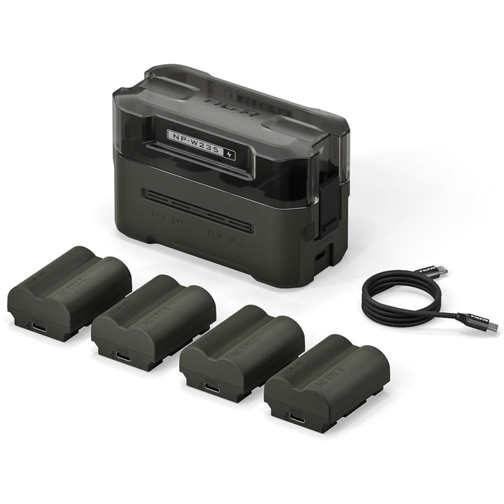 NP-W235 Ersatzakku- und Ladegerät-Set, 4er-Pack 2400-mAh-Akkus und Vierkanal USB-C PD Schnellladeger