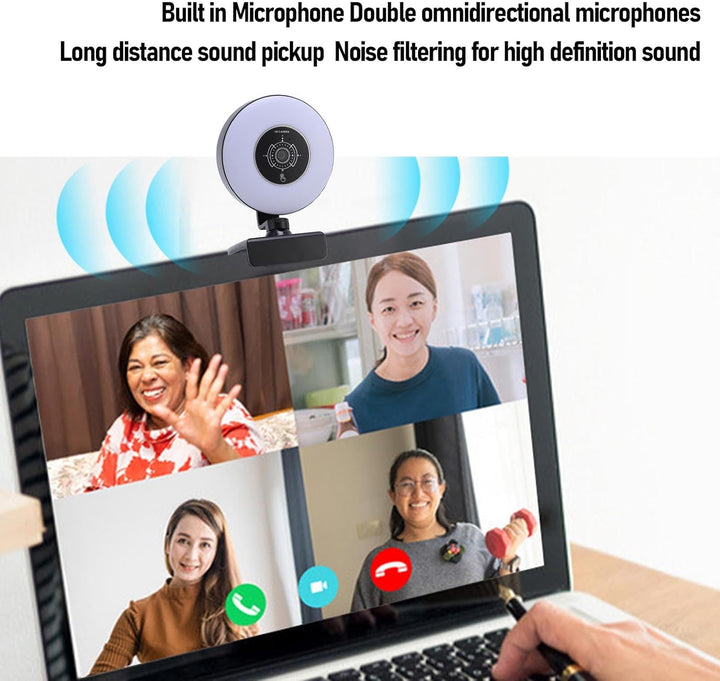 Webcam 4K mit Licht für PC USB 30FPS Webkamera mit Mikrofon AF Auto-Fokus, 3 Einstellbare Helligkeit