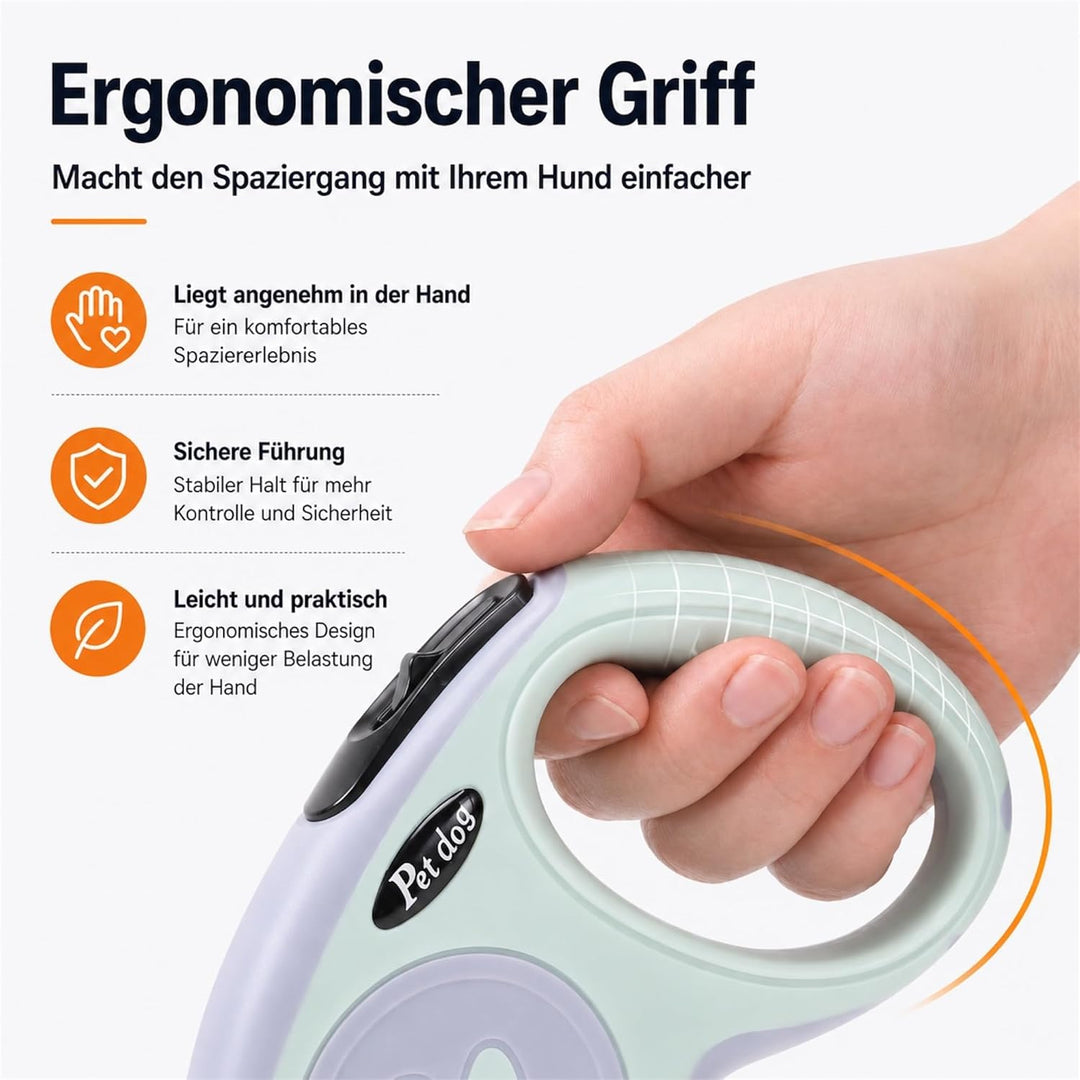Hundeleine 5 m – Ausziehbare Rollleine mit Einhand-Bremse &amp; Komfortgriff (Hellblau), Hellblau