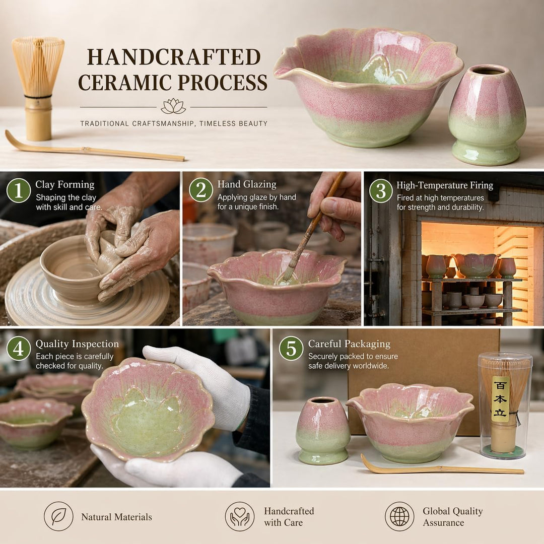 Matcha Set 5-teilig, Matcha Schale mit Ausgiesser in Blumenform Grün Rosa, Chasen, Bambusbesen, Chas