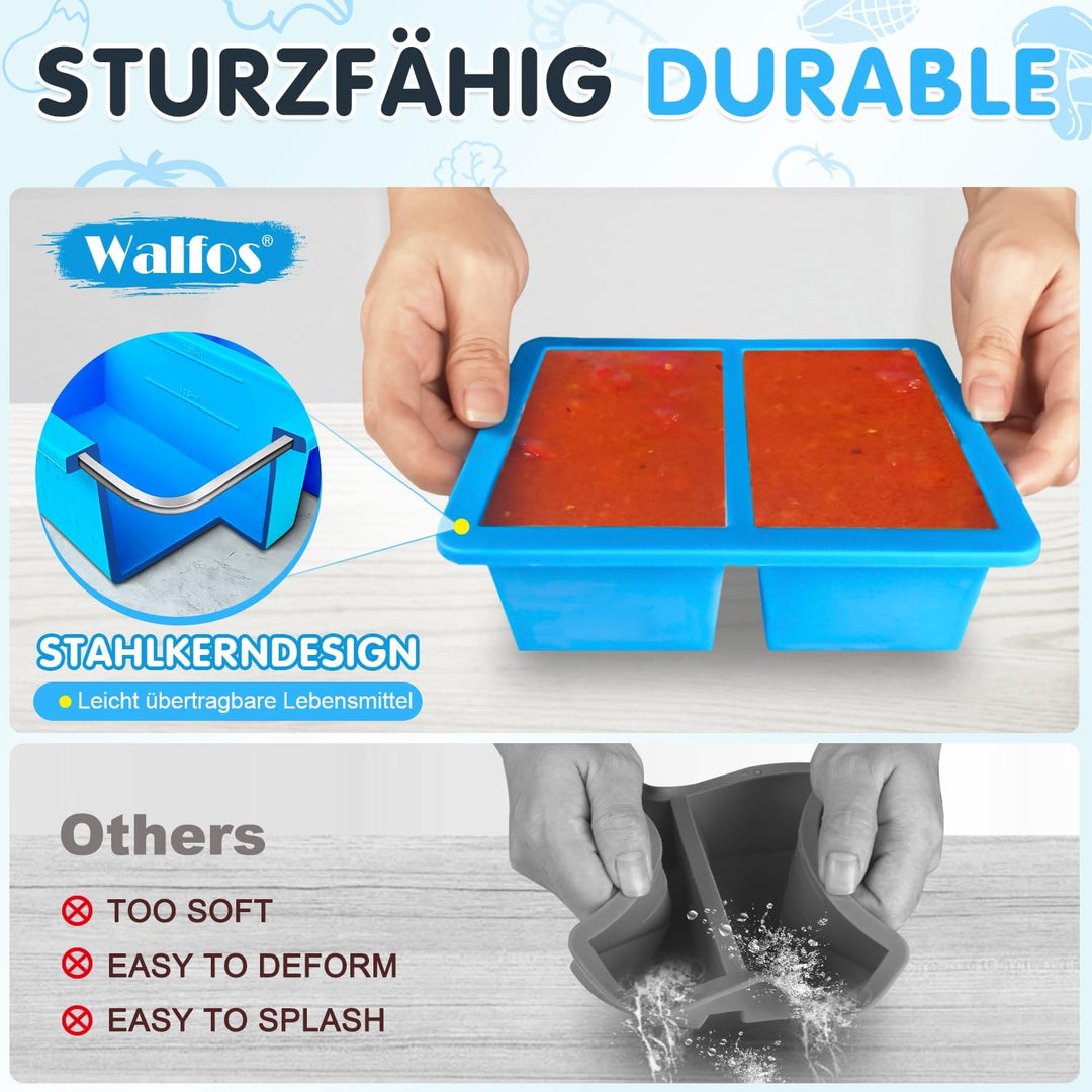 Walfos 1-Tasse Extragrosse Silikon Gefriertablett mit Deckel, 4 Packs Suppe Gefrierschrank Eiswürfel