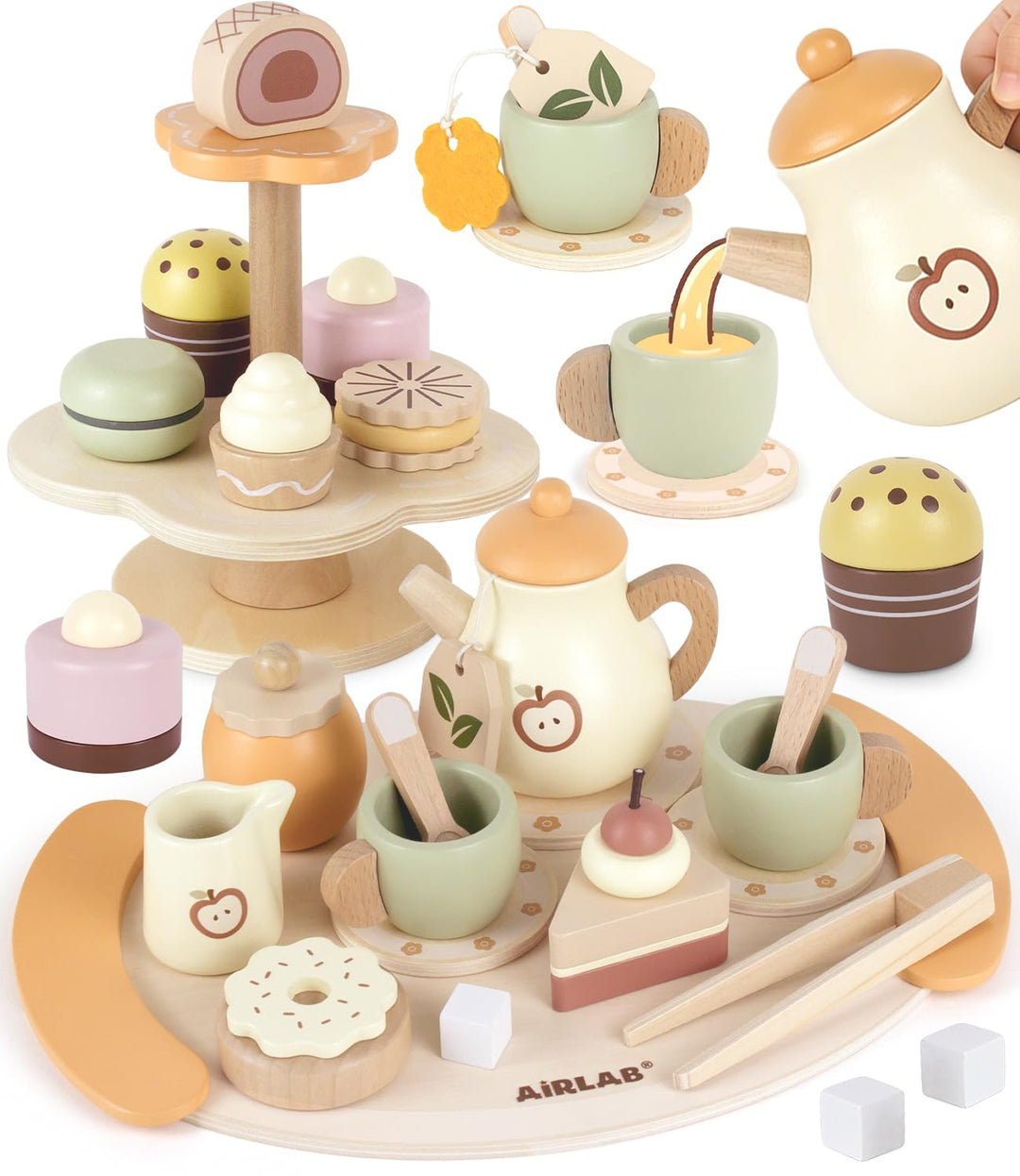 Airlab Spielküche Kinderküche Zubehör Holz 2 in 1, Teeservice Kinder mit Zuckerwürfeln und Dessert,